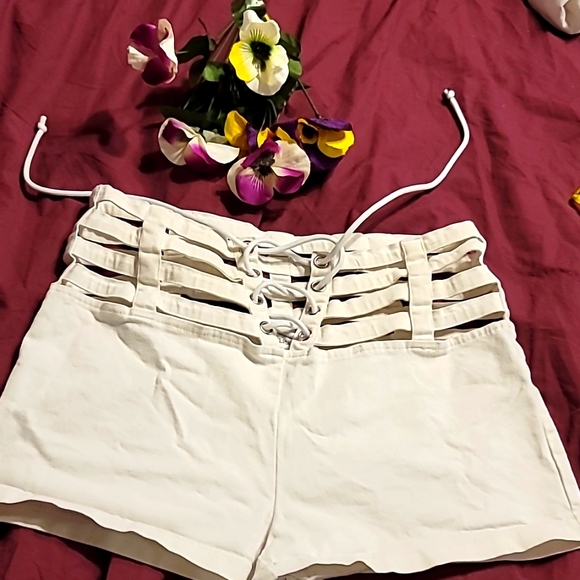 Hot & Delicious Pants - Y2K VINTAGE Birdcage adjustable waist Couture white sexy shorts swim coverup